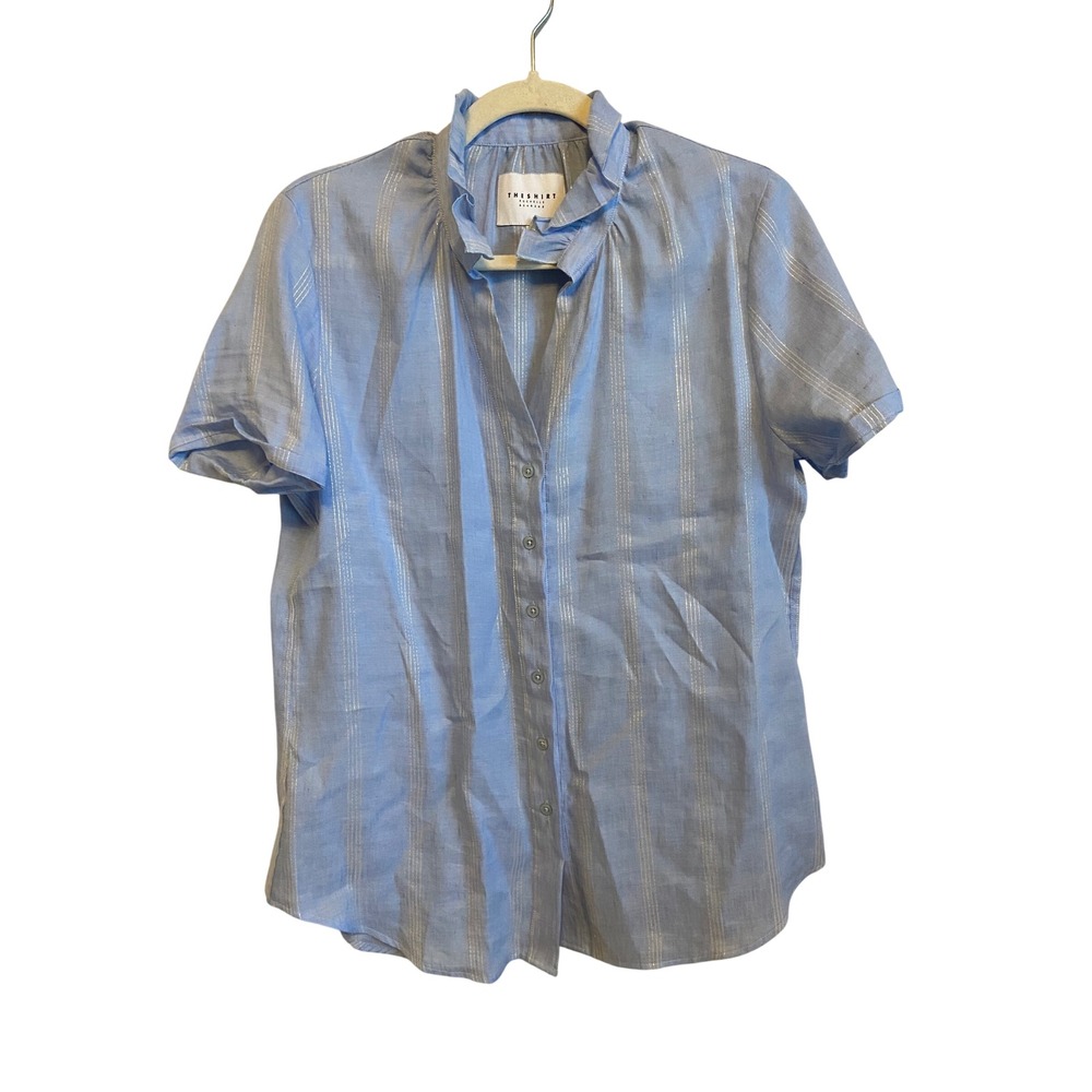 THE SHIRT Rochelle Behrens Blue Linen Blend Metallic Pinstripe Ruffle Blouse S